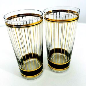 Set of 2 Vintage Culver Devon Black 22K Gold Highball Glasses 6” Barware EUC